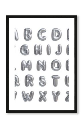 Silver alphabet letters in 3d metallic balloon shape.