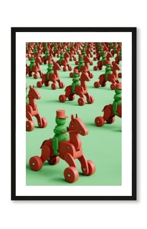 3d Christmas decoration pattern . A wooden toy soldier on a horse. 