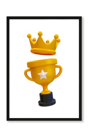 3d minimal winner cup. Achievement award, Trophy cup. Champion trophy, shiny golden cup, Winner award. A champion trophy with a golden crown. 3d rendering illustration.