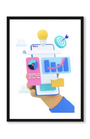 3d hand holding smartphone, graph, piechart, lamp icons. Achievement goals, business management application concept. 3d rendering .