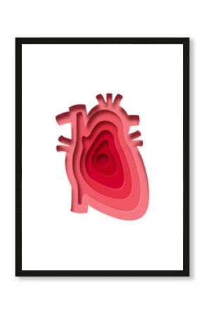 Realistic 3D paper cut human heart illustration. Layered colorful circulatory system organ for medicine project. Cardiology care or blood health concept.
