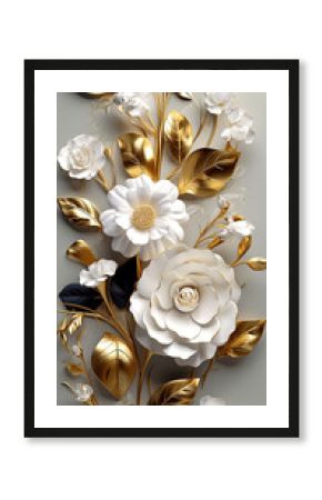 3d wallpaper floral tree background with white flower leaves and golden stem. interior wall home decor