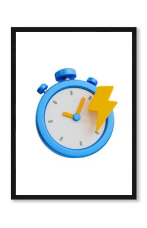 3d minimal quick time concept. urgent work. fast service. stopwatch with thunder icon. 3d illustration.