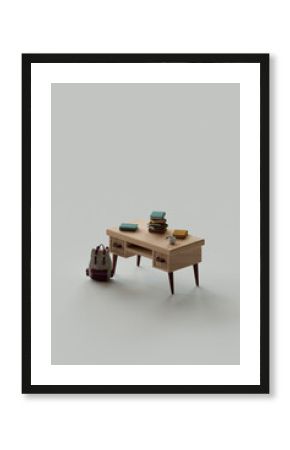 3d render of a wooden desk with books and a backpack