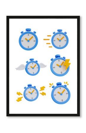 3d minimal quick time concept. urgent work. fast service. set of stopwatches. 3d illustration.