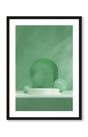 in portrait with green background, rendering 3d mockup template white podium 