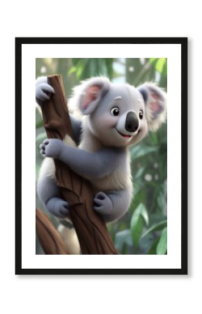 Adorable 3d rendered cute happy smiling and joyful koala bear cartoon character sitting on the tree