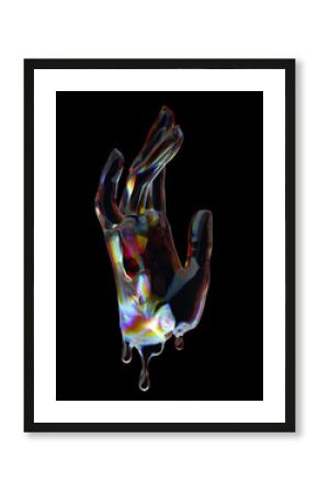 3d render holographic abstract futuristic design idea. Colorful paint textured transparent liquid hand, 3d rendering concept.