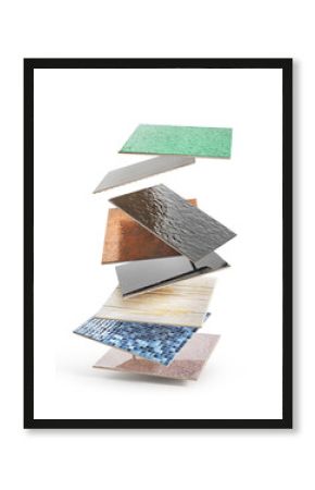 Pile of different ceramic tiles on a white background. 3d illustration