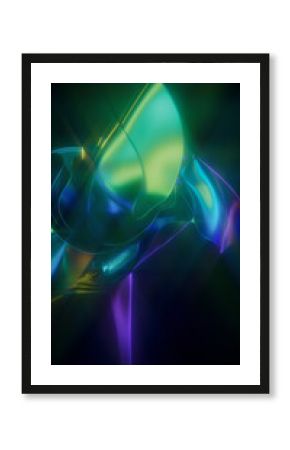 3D render of glowing neon abstract wavy holographic shapes
