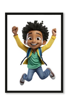 Cartoon boy jumping for joy, 3d character isolated on transparent background, illustration.