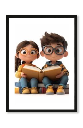 Boy and girl reading book back to school concepts white background 3D animation high resolution