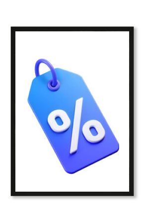 3D Rendered Blue Price Tag with White Percentage Symbol and Purple Loop for Discount or Sale Promotion