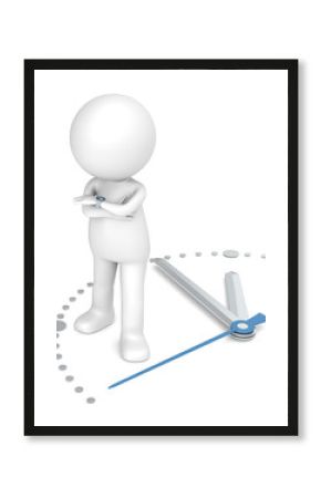 3D little human character standing on a clock at five to twelve