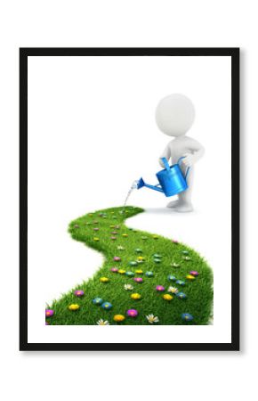 3d white people is watering a grass path