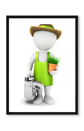 3d white people gardener with a watering can
