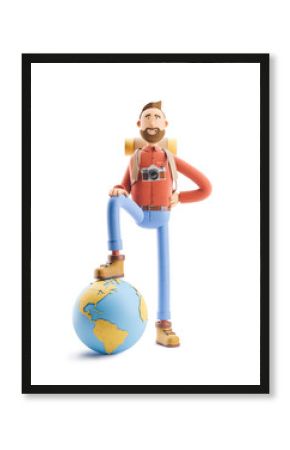 Cartoon character tourist stands with a large map pointer and globe. 3d illustration. Concept of traveling.