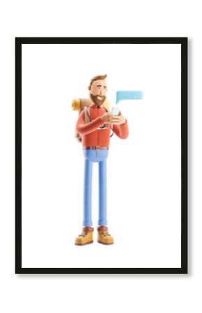Cartoon character tourist writes a message on the phone. 3d illustration.