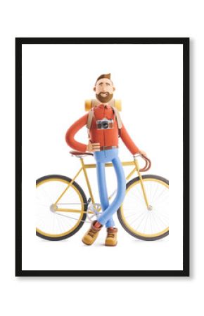 Cartoon character tourist stand with a bicycle. 3d illustration.