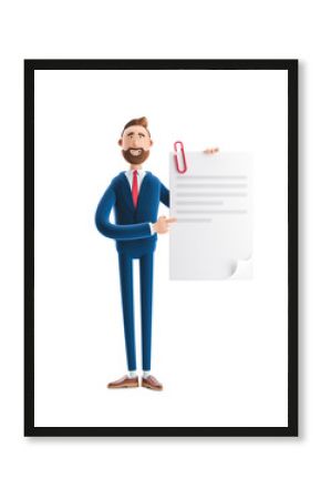 3d illustration. Handsome businessman Billy holds a completed document.