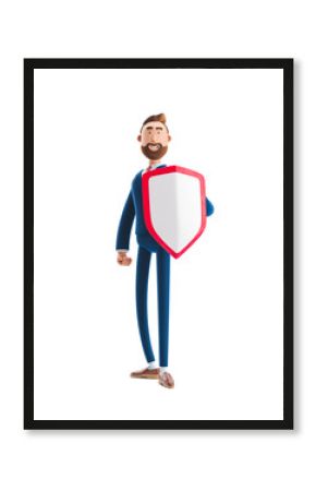 3d illustration. Businessman Billy with shield. Safety and protection in business