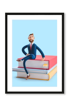 Cartoon character beard businessman Billy is sitting on a stack of books. The concept of business education. 3d illustration on blue background