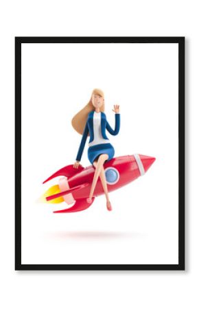 3d illustration. Young business woman Emma with rocket on a white background. Business concept career boost, start up and growth