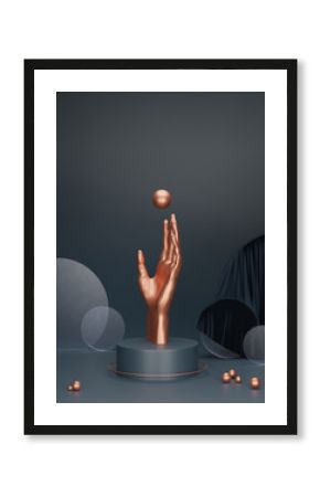 3D podium with gold copper human hand catching flying ball with geometric shapes. Dark Blue background poster with copy space. Abstract illustration. Art deco Minimalist 3d render with female palm.