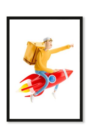 Express delivery concept. 3d illustration. Cartoon character. Delivery guy flies on a rocket with urgent order in yellow uniform stands with the big bag. 