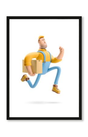 Express delivery concept. 3d illustration. Cartoon character. Delivery man runs with the package in his hands. 