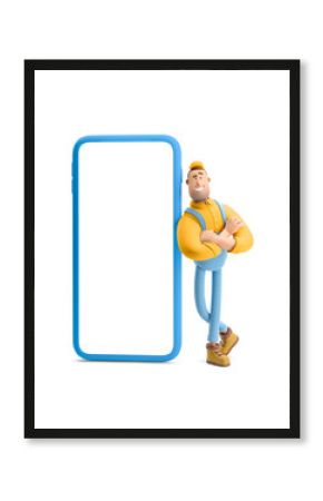 3d illustration. Cartoon character. Deliveryman in overalls standing inside the phone and  holds a box with a parcel. Online delivery Concept.