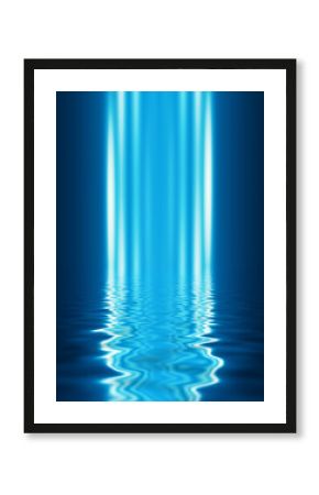 Dark abstract background. Reflection of neon figures on the water, smoke, fog. 3d illustration