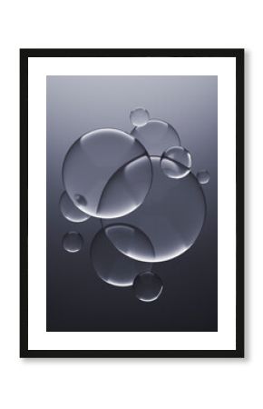 Three dimensional render of transparent glass spheres against gray background