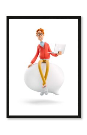 3d illustration. Nerd Larry sits on a bubble talk. Social media concept.
