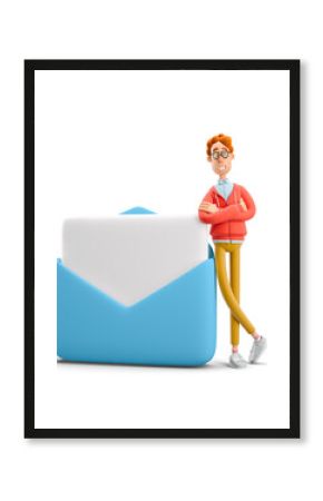 3d illustration. Nerd Larry standing next to a large mail.