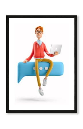 3d illustration. Nerd Larry sits on a bubble talk. Social media concept.