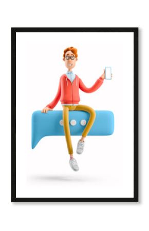 3d illustration. Nerd Larry sits on a bubble talk. Social media concept.