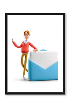 3d illustration. Nerd Larry standing next to a large mail.
