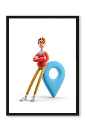 3d illustration. Nerd Larry with pin sign. Navigation concept.