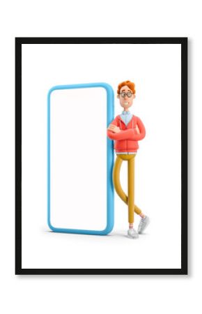 3d illustration. Nerd Larry standing next to a large phone