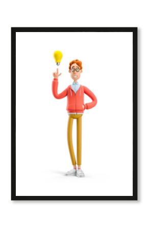 3d illustration. Nerd Larry  with lightbulb. Idea and innovation technology concept.