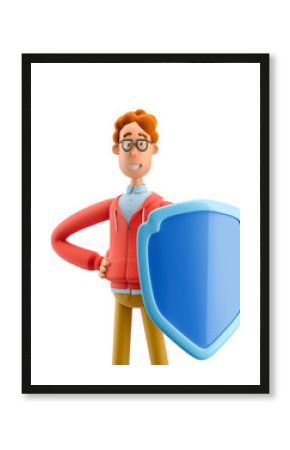 Safety and protection concept. 3d illustration. Nerd Larry with shield.