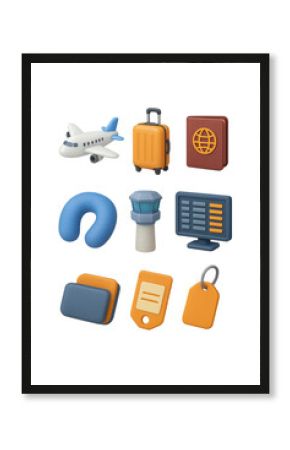 3d airport icons set: travel essentials including airplane, luggage, passport, and more
