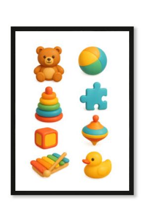 Cute 3d toy icons set with teddy, ball, puzzle, stacking rings, cube, spinning top, xylophone, and duck