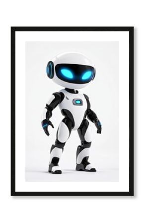 3D cartoon character of a futuristic robot with glowing blue eyes, friendly expression, sleek design, standing full body on plain white background.