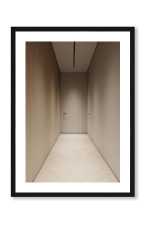 The interior design of a contemporary minimalist home corridor to the living space, a beige wall, a parquet floor, a wooden panels. 3d render, 3d illustration