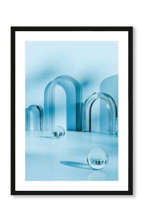 Transparent glass arches and spheres in a blue abstract scene