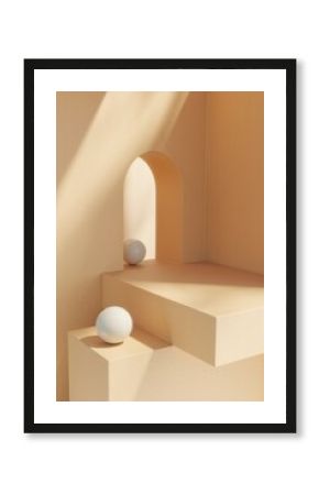 Abstract 3D scene with white spheres and archway on podium