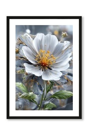 Photoreal CGI Visuals Detailed white flower with golden center. Ultra-Detailed Digital Renders Cinematic 3D Artwork Concepts