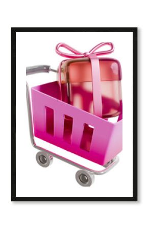 3D 핑크색 쇼핑카트, 투명한 선물상자, 3D pink shopping cart, transparent gift box